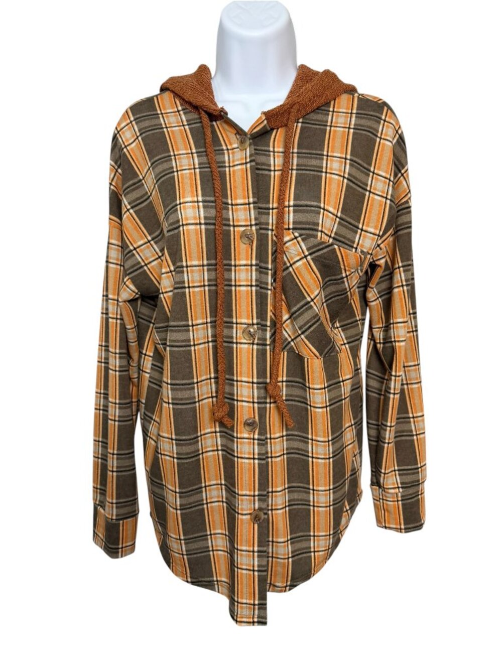 7th Ray Brown Orange Plaid Hooded Button Up Lightweight Shacket Fall